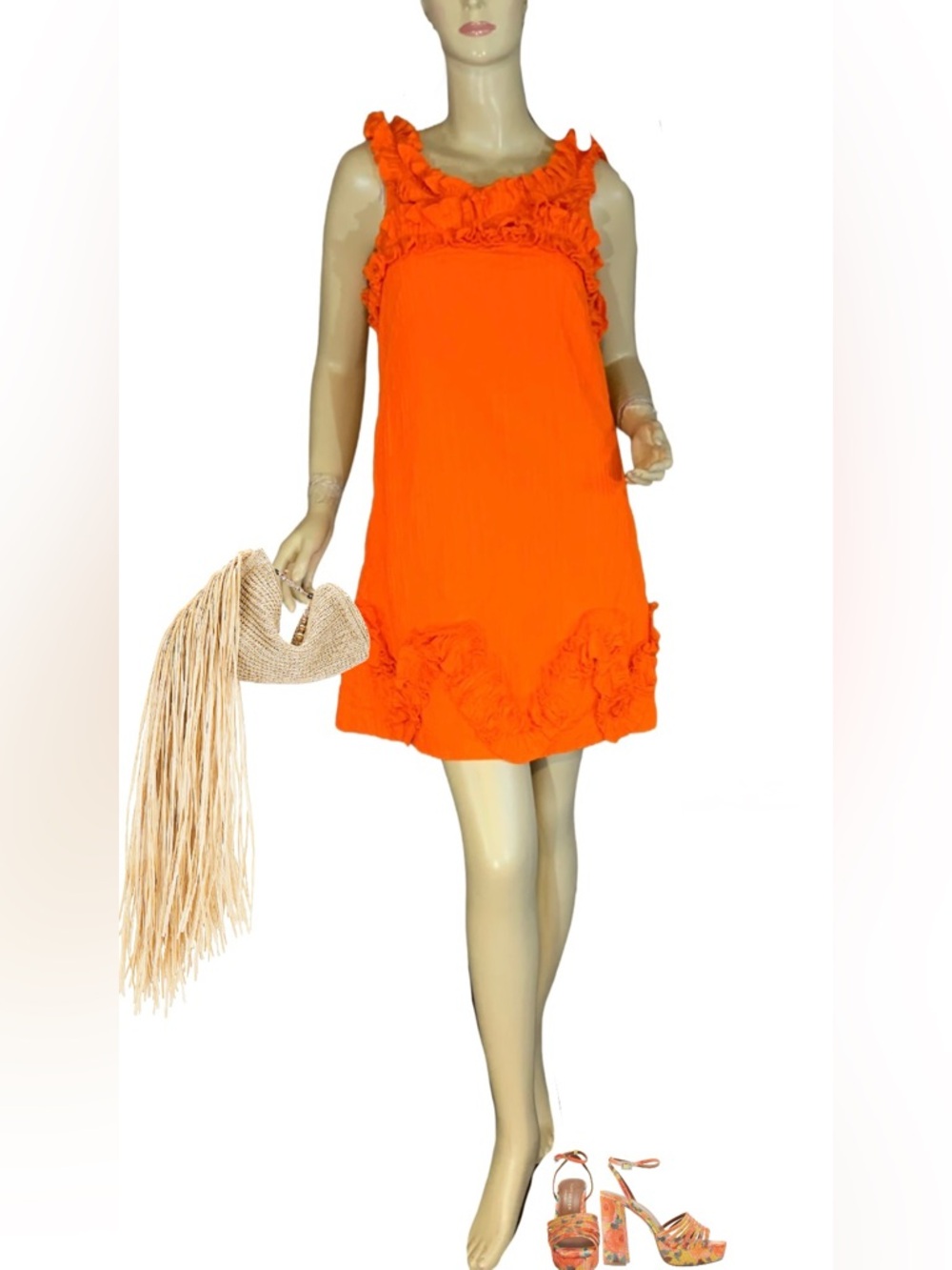 VINTAGE 1970'S VICKY ORANGE RUFFLE ACCENT CREPE COTTON MINI SHIFT DRESS (10)
